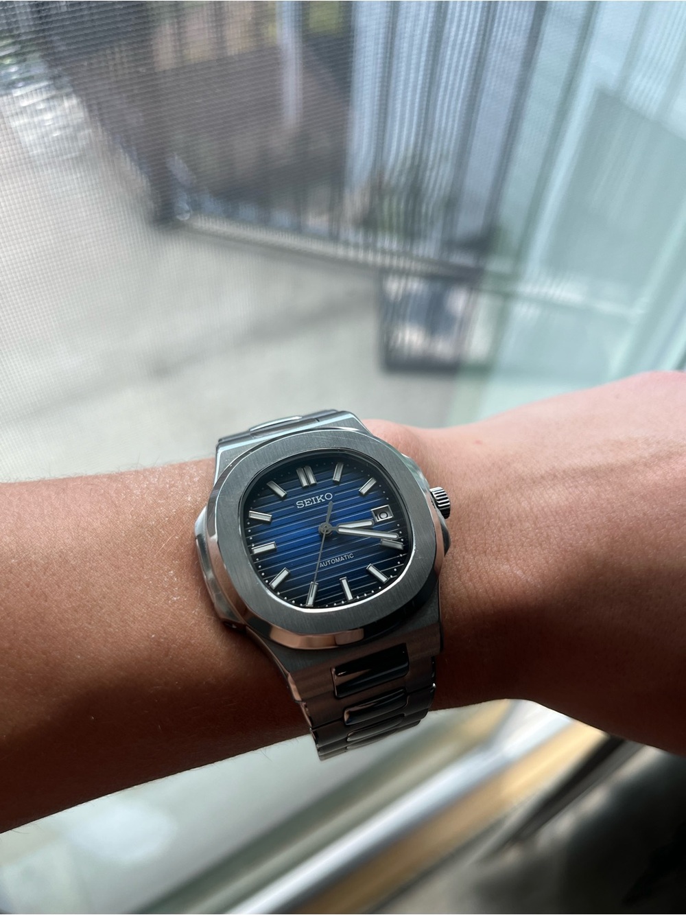 Seiko Silver Stainless Steel Watch with Blue Dial